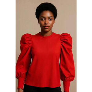 Women's Buxom Curvy Red Ribbed‎ Puff Sleeve Long Sleeve Top 1X Romantic Feminine